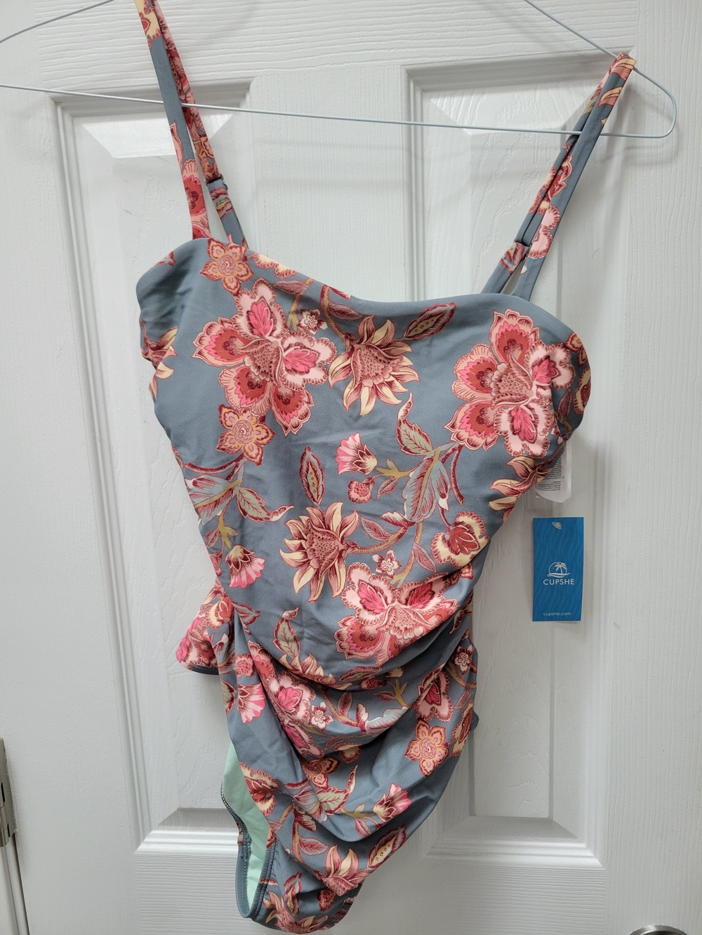 Cupshe Blue Floral One-Piece Swimsuit with Pink and Peach Blooms